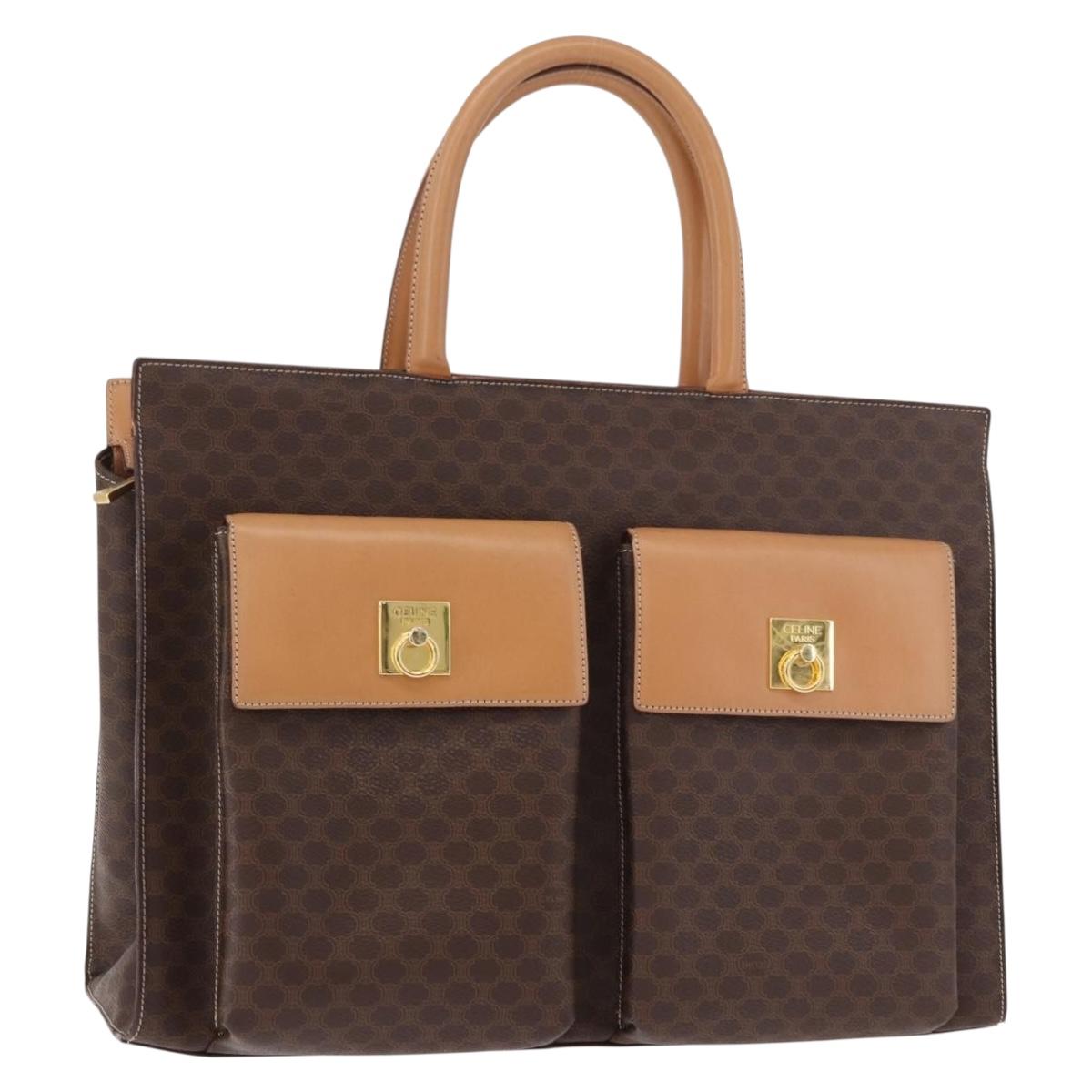 CELINE Macadam Canvas Tote Bag PVC Leather Brown Beige Gold Auth am11883V