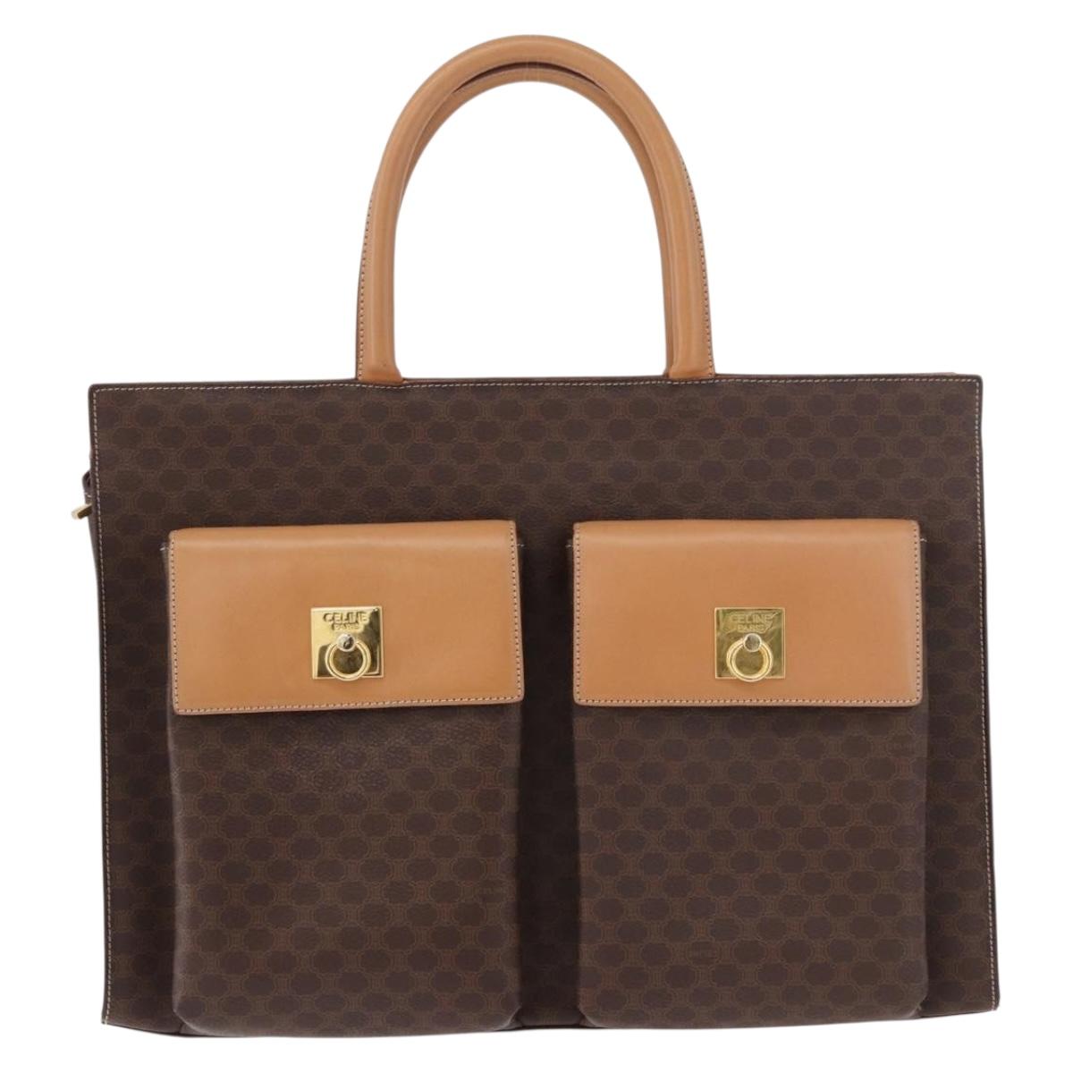 CELINE Macadam Canvas Tote Bag PVC Leather Brown Beige Gold Auth am11883V