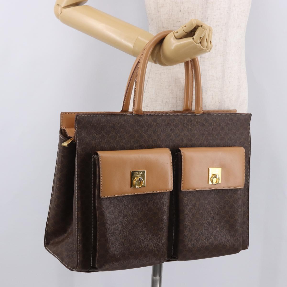 CELINE Macadam Canvas Tote Bag PVC Leather Brown Beige Gold Auth am11883V