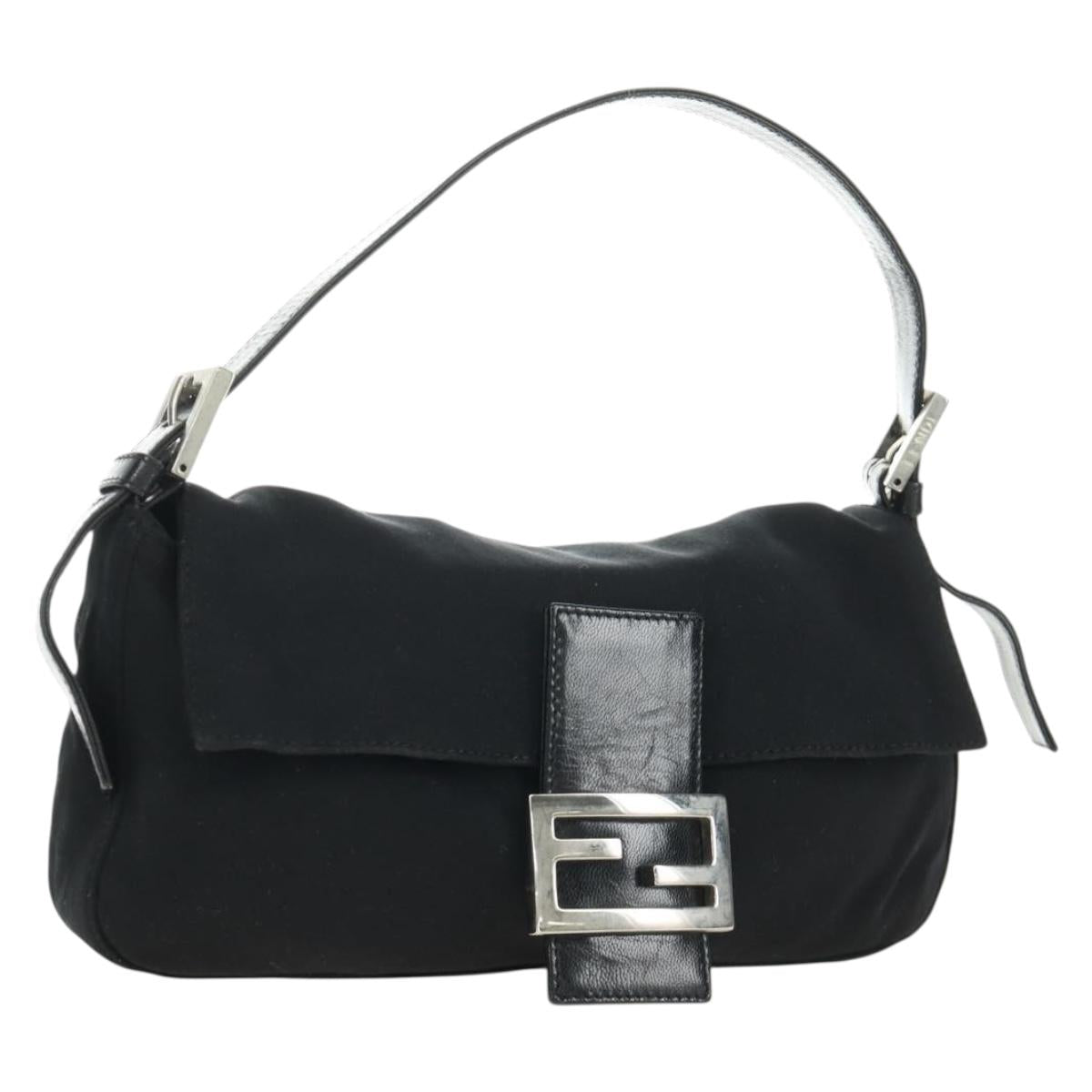 FENDI Mamma Baguette Shoulder Bag Cotton Jersey Black Silver Auth am11895V