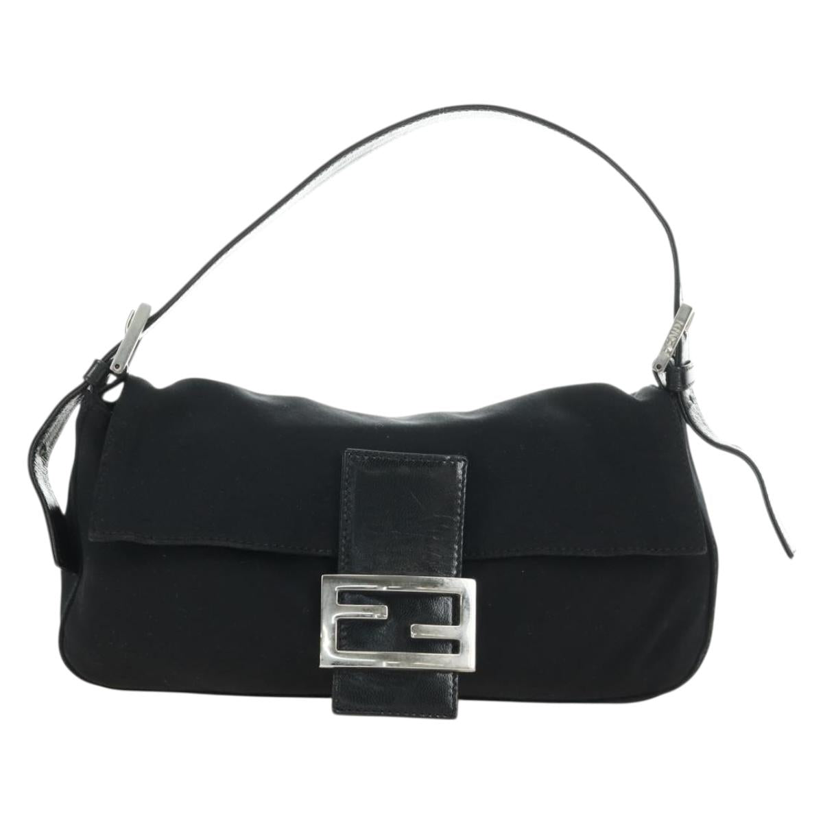 FENDI Mamma Baguette Shoulder Bag Cotton Jersey Black Silver Auth am11895V