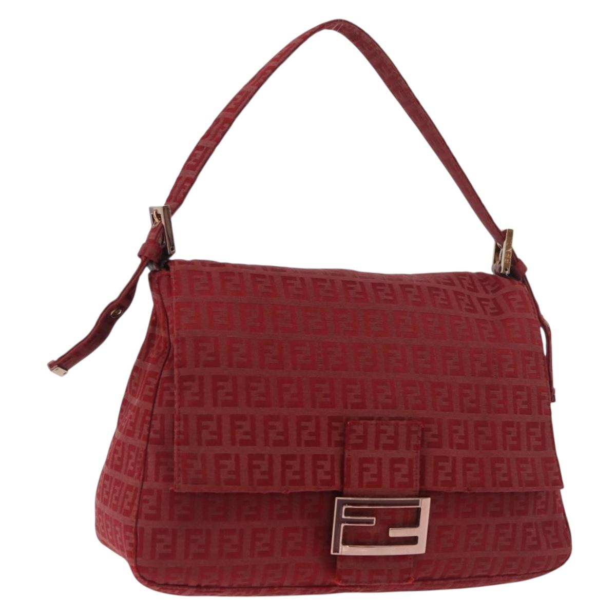 FENDI Zucchino Canvas Mamma Baguette Shoulder Bag Red Gold Auth am11906A