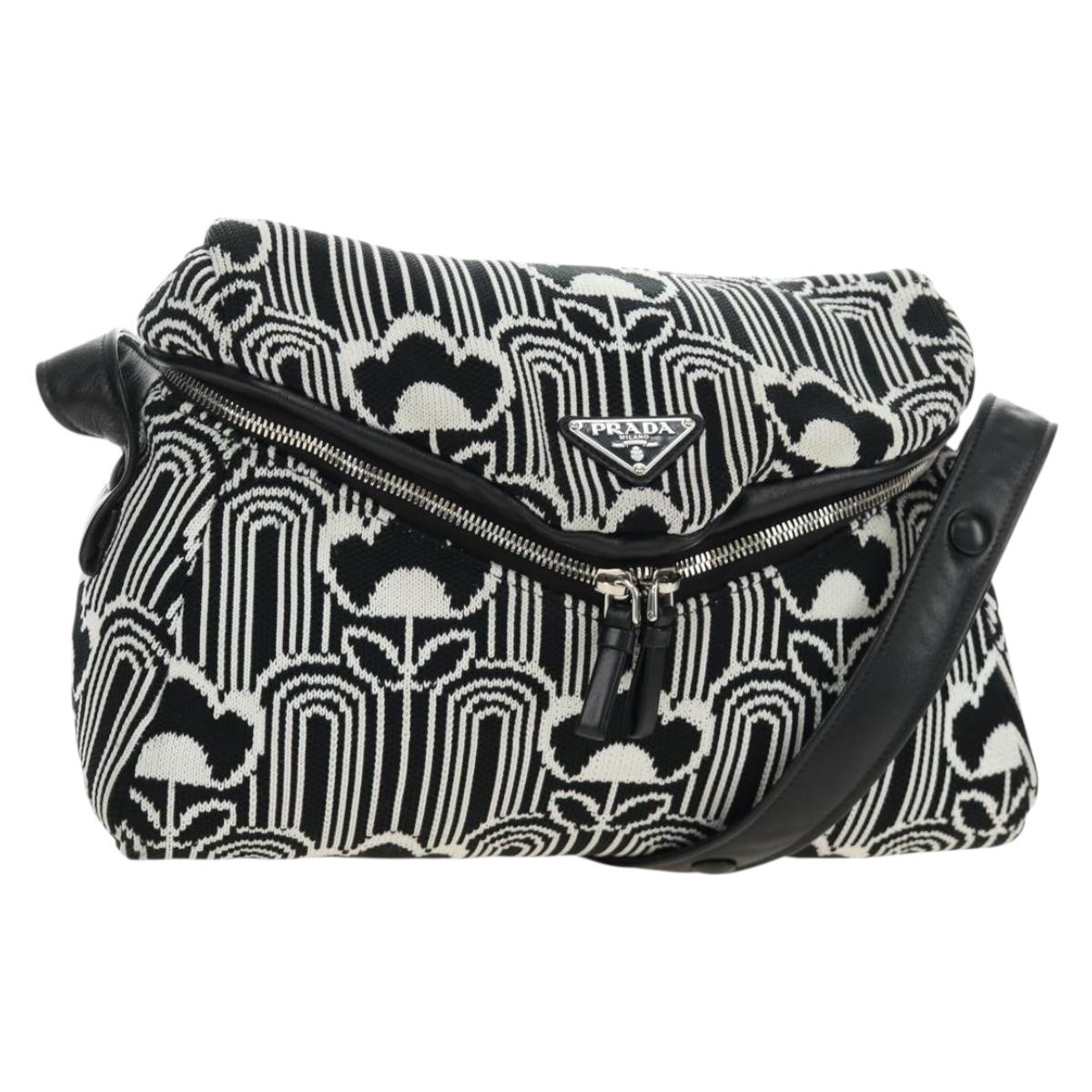 PRADA Shoney Jacquard Shoulder Bag Wool Black White Silver Auth am11907SAM