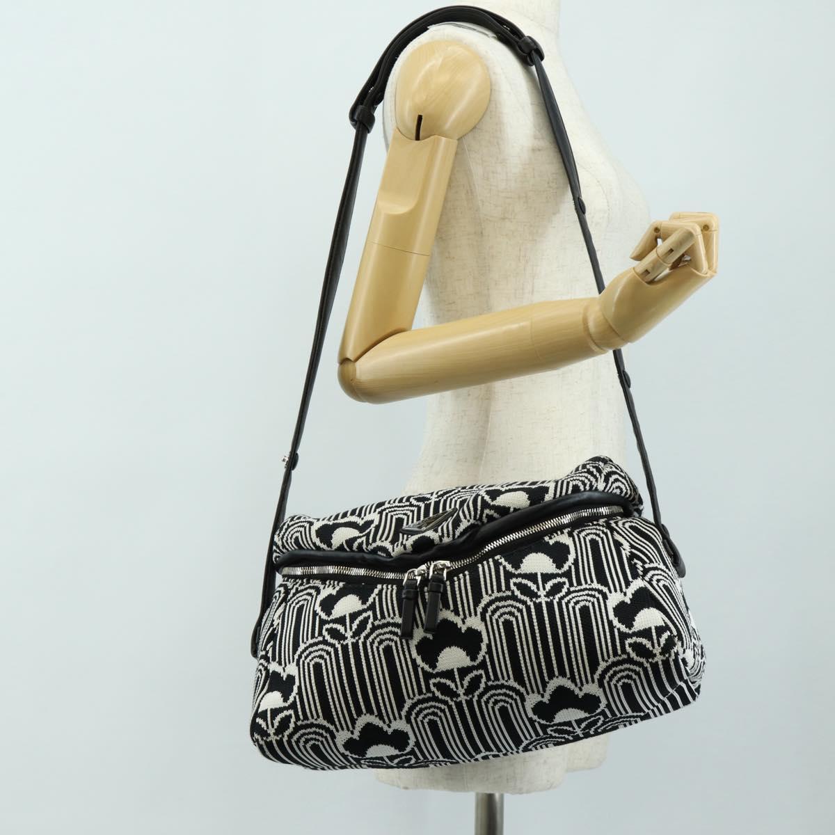 PRADA Shoney Jacquard Shoulder Bag Wool Black White Silver Auth am11907SAM