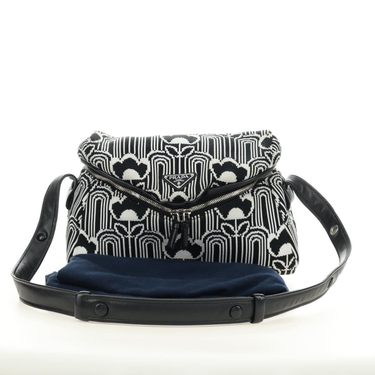 PRADA Shoney Jacquard Shoulder Bag Wool Black White Silver Auth am11907SAM