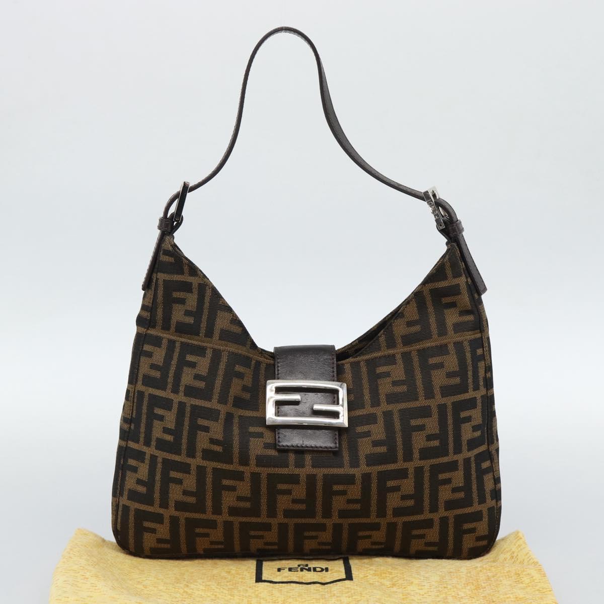 FENDI Zucca Canvas Mamma Baguette Shoulder Bag Black Brown Silver Auth am11931V