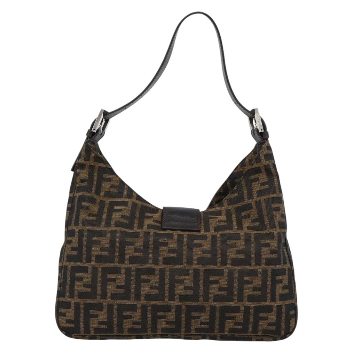 FENDI Zucca Canvas Mamma Baguette Shoulder Bag Black Brown Silver Auth am11931V