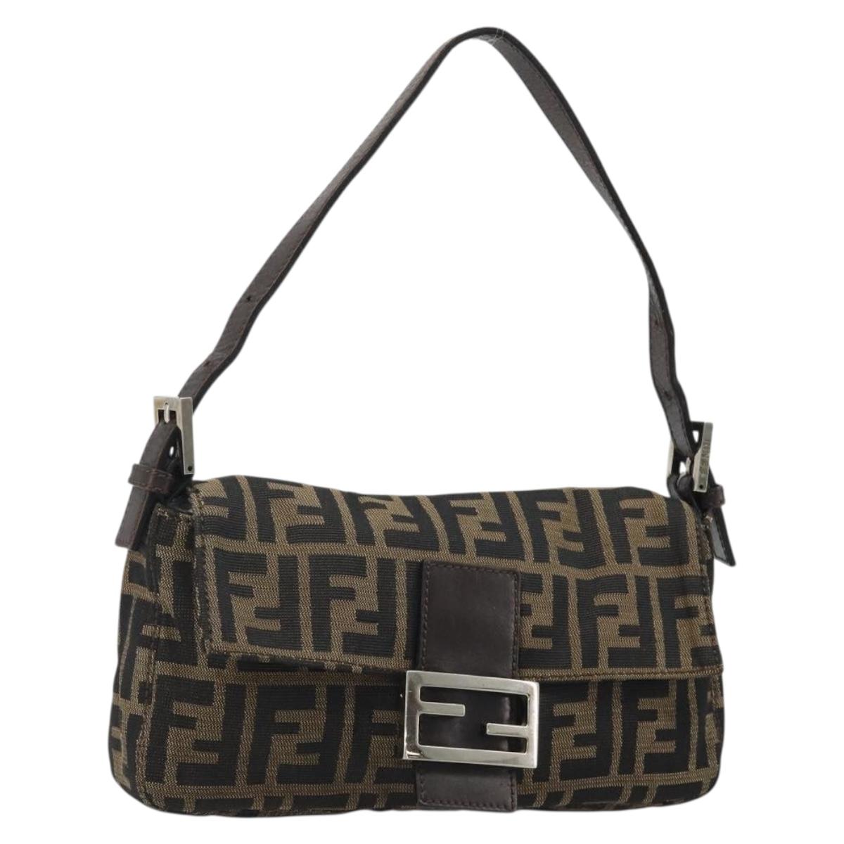 FENDI Zucca Canvas Mamma Baguette Shoulder Bag Black Brown Silver Auth am11934A
