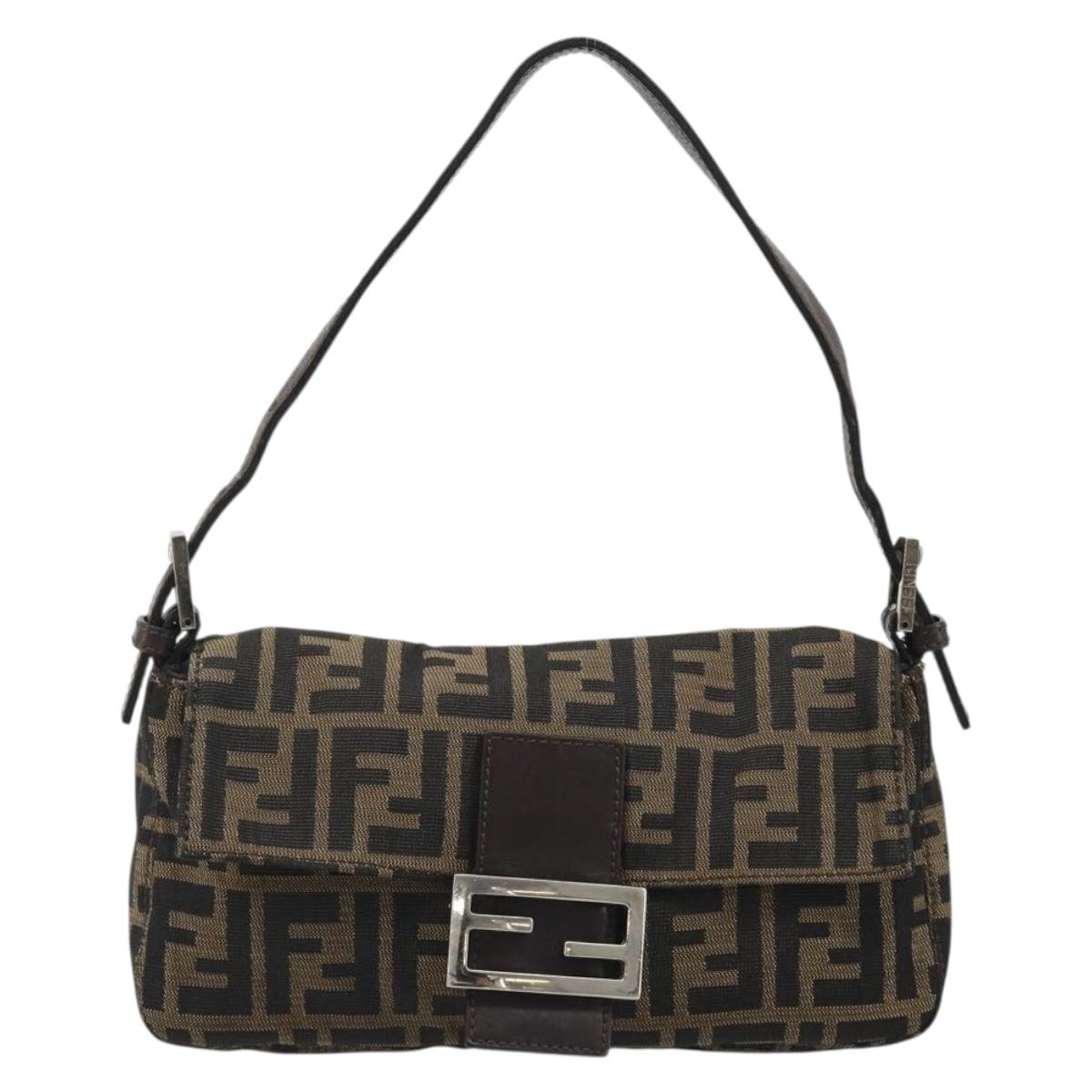 FENDI Zucca Canvas Mamma Baguette Shoulder Bag Black Brown Silver Auth am11934A