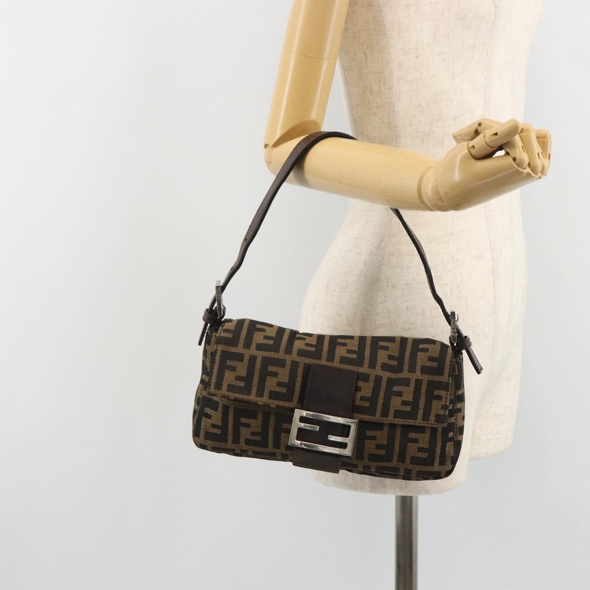 FENDI Zucca Canvas Mamma Baguette Shoulder Bag Black Brown Silver Auth am11934A