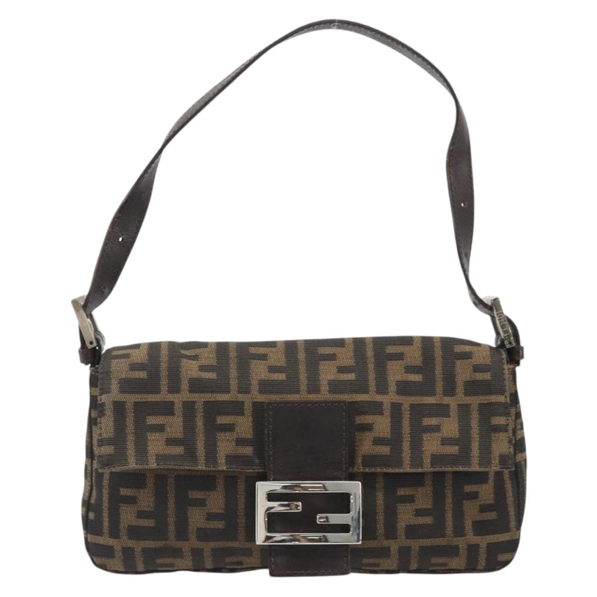 FENDI Zucca Canvas Mamma Baguette Shoulder Bag Black Brown Silver Auth am11936V