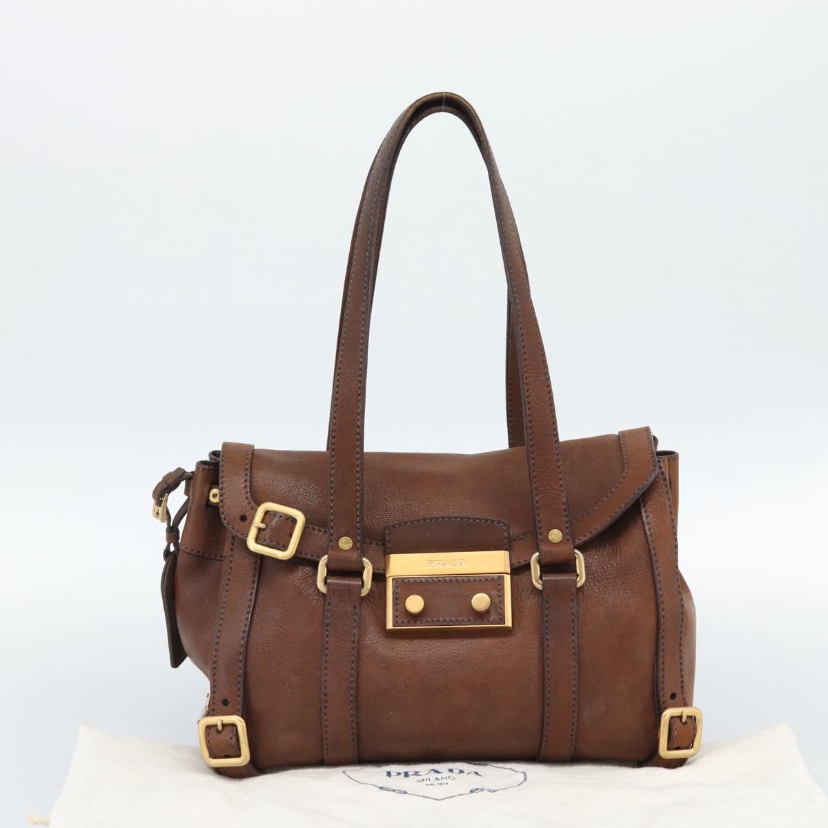 PRADA Ready Lock Tote Bag Leather Brown Gold Auth am11940V