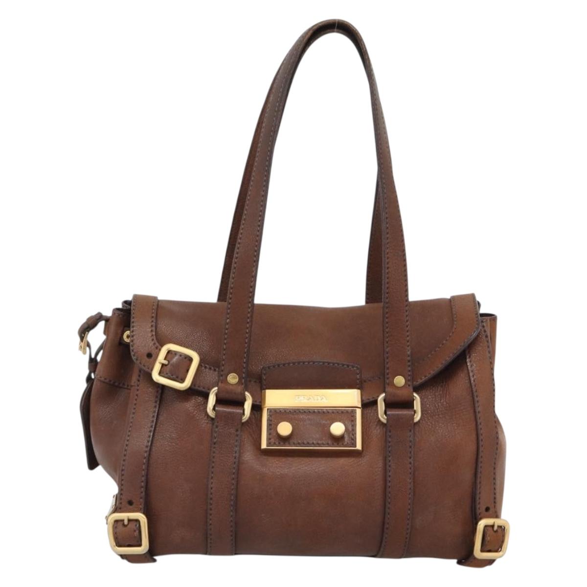 PRADA Ready Lock Tote Bag Leather Brown Gold Auth am11940V