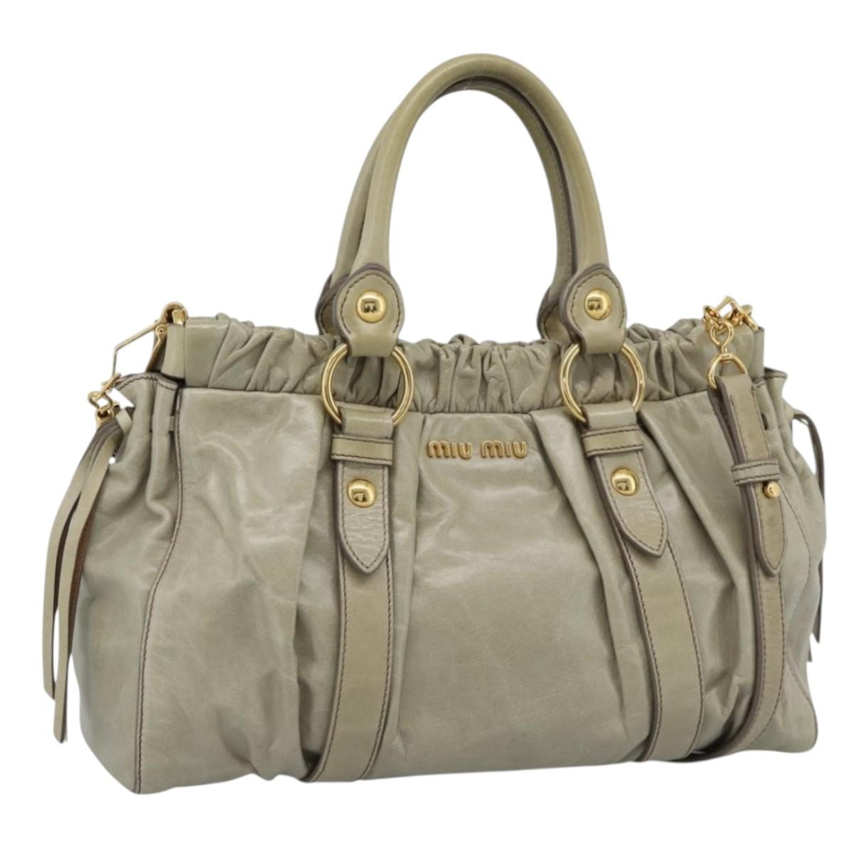 Miu Miu Side Ribbon Hand Bag Leather 2way Beige Gold Auth am11947V
