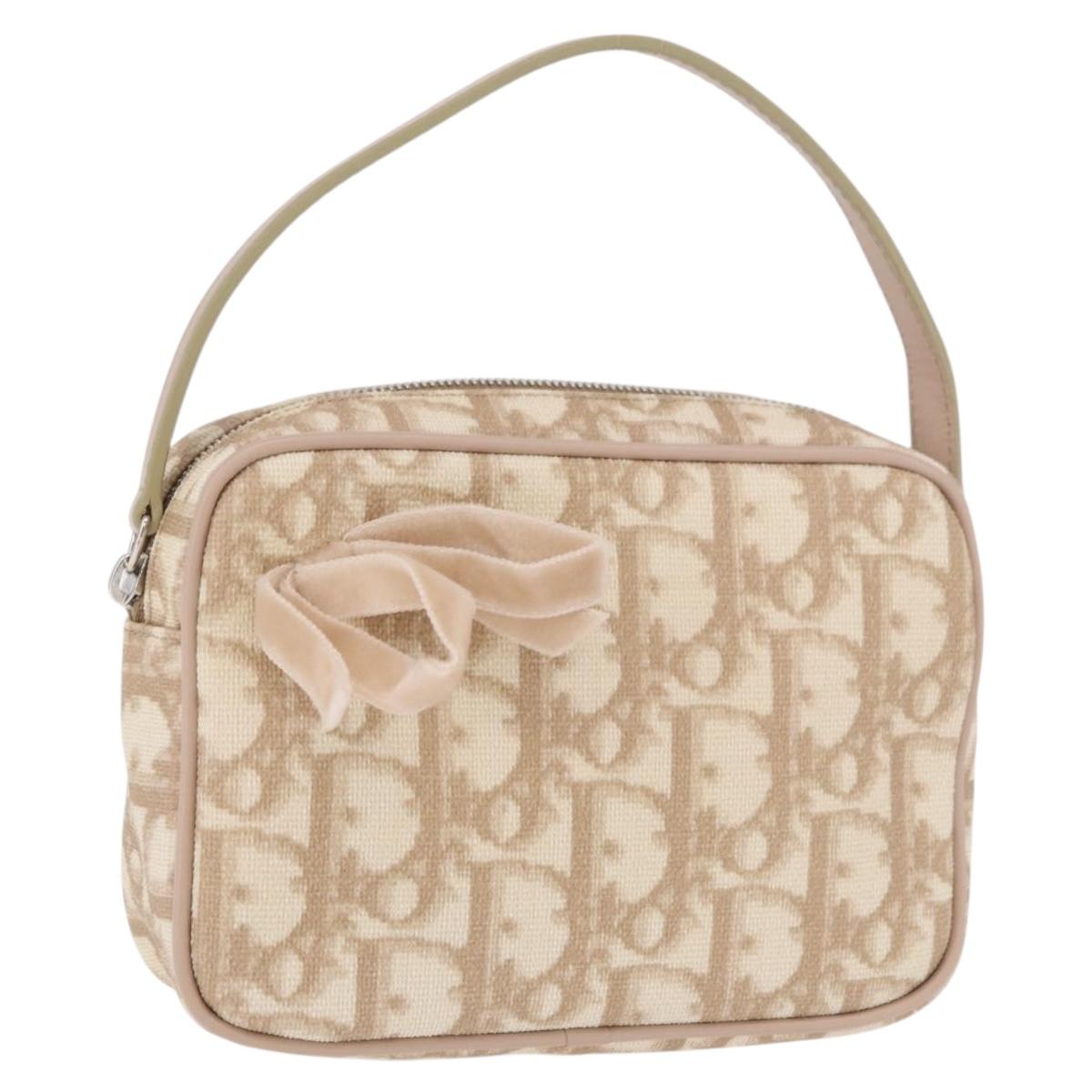 Christian Dior Trotter Canvas Romantic Hand Pouch PVC Beige Silver Auth am11980V