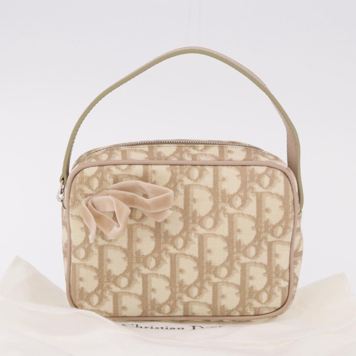 Christian Dior Trotter Canvas Romantic Hand Pouch PVC Beige Silver Auth am11980V