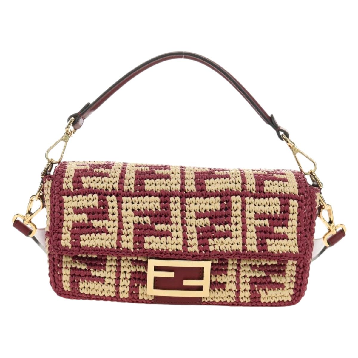 FENDI Zucca Canvas Mamma Baguette Bag Raffia 2way Beige Gold Auth am11981SM