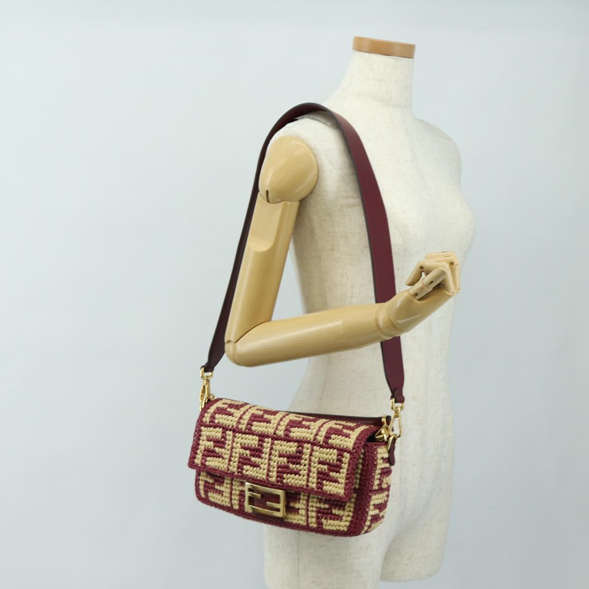 FENDI Zucca Canvas Mamma Baguette Bag Raffia 2way Beige Gold Auth am11981SM