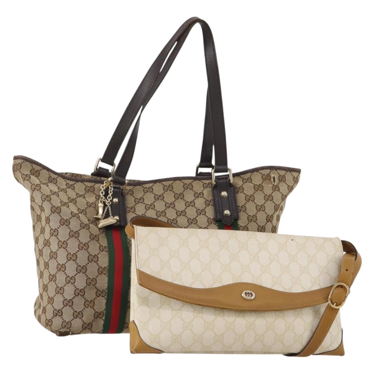 GUCCI GG Supreme Web Sherry Line Bag PVC Canvas 2 Set Beige White Auth am11992
