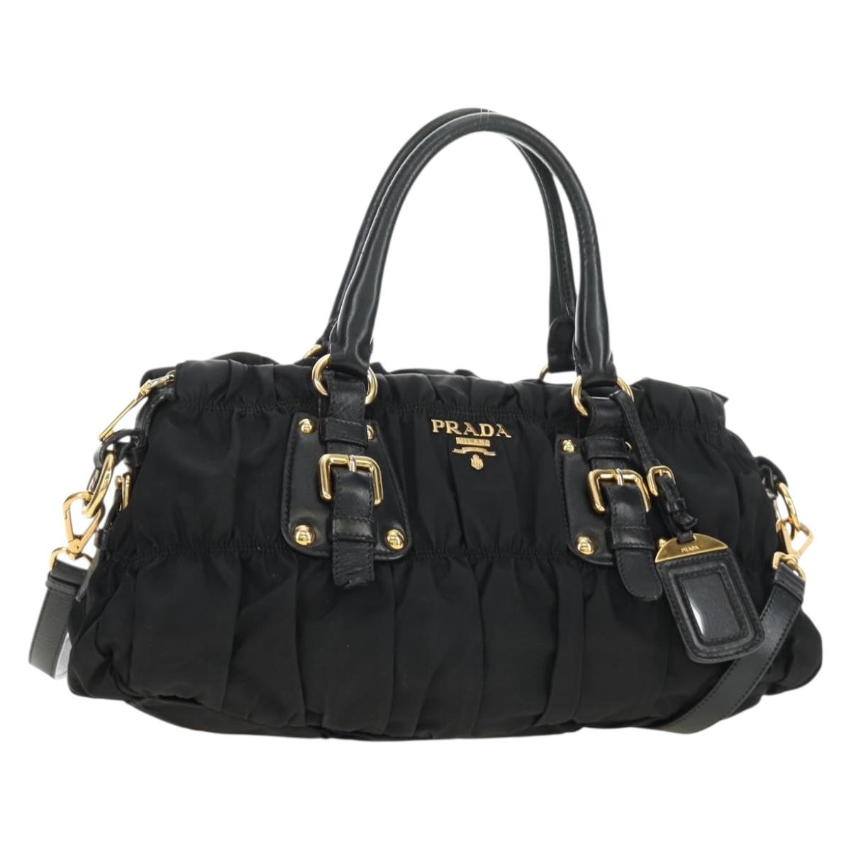 PRADA Hand Bag Nylon Leather 2way Black Gold Auth am12007V