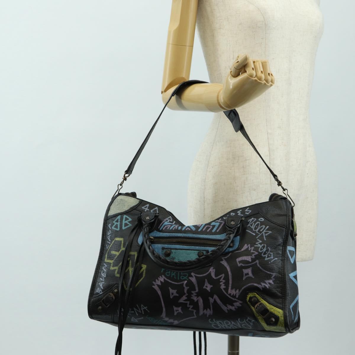 BALENCIAGA Graffiti The City Hand Bag Leather 2way Black 115748 Auth am12010SAM