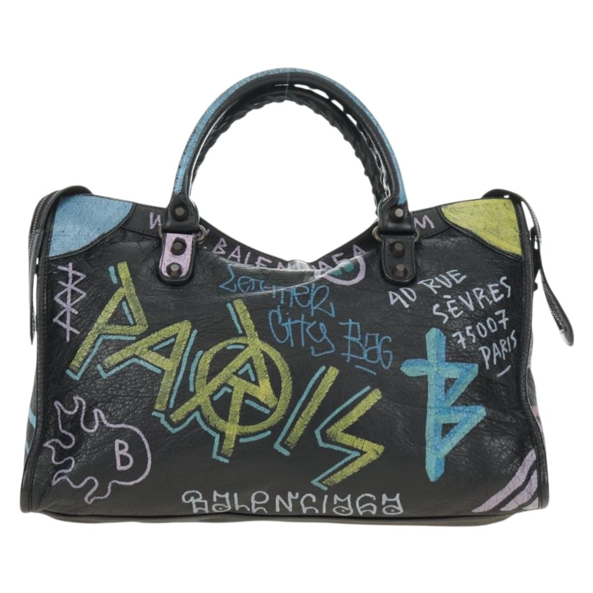 BALENCIAGA Graffiti The City Hand Bag Leather 2way Black 115748 Auth am12010SAM