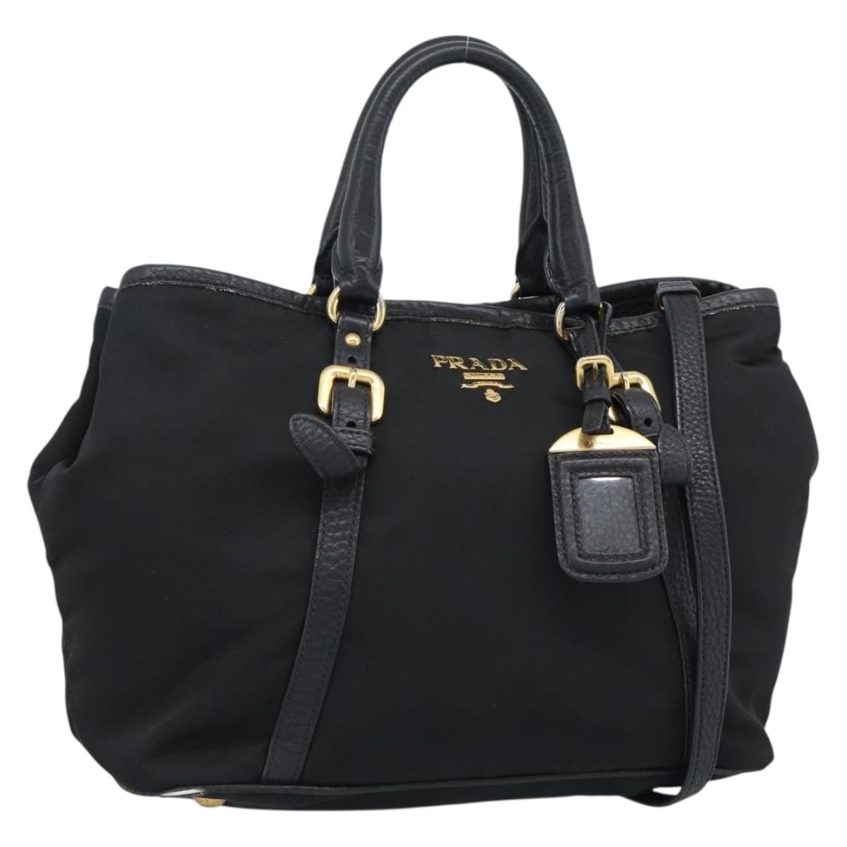 PRADA Hand Bag Nylon Leather 2way Black Gold Auth am12012