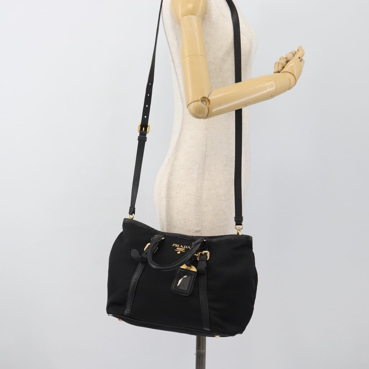 PRADA Hand Bag Nylon Leather 2way Black Gold Auth am12012
