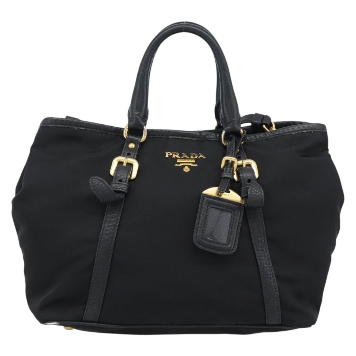 PRADA Hand Bag Nylon Leather 2way Black Gold Auth am12012