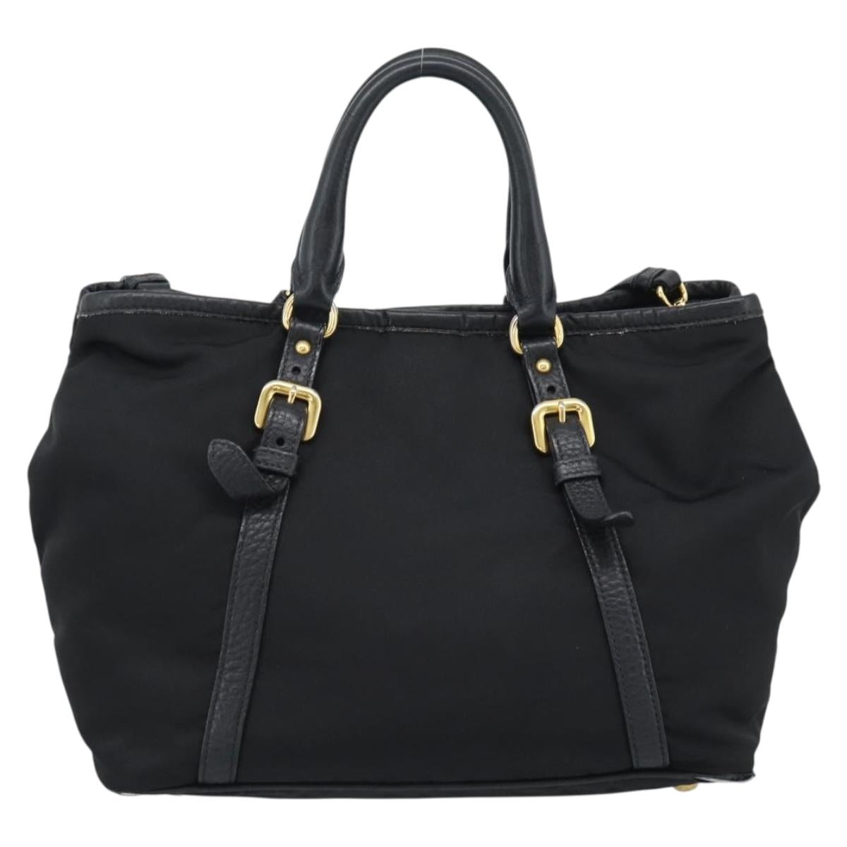 PRADA Hand Bag Nylon Leather 2way Black Gold Auth am12012