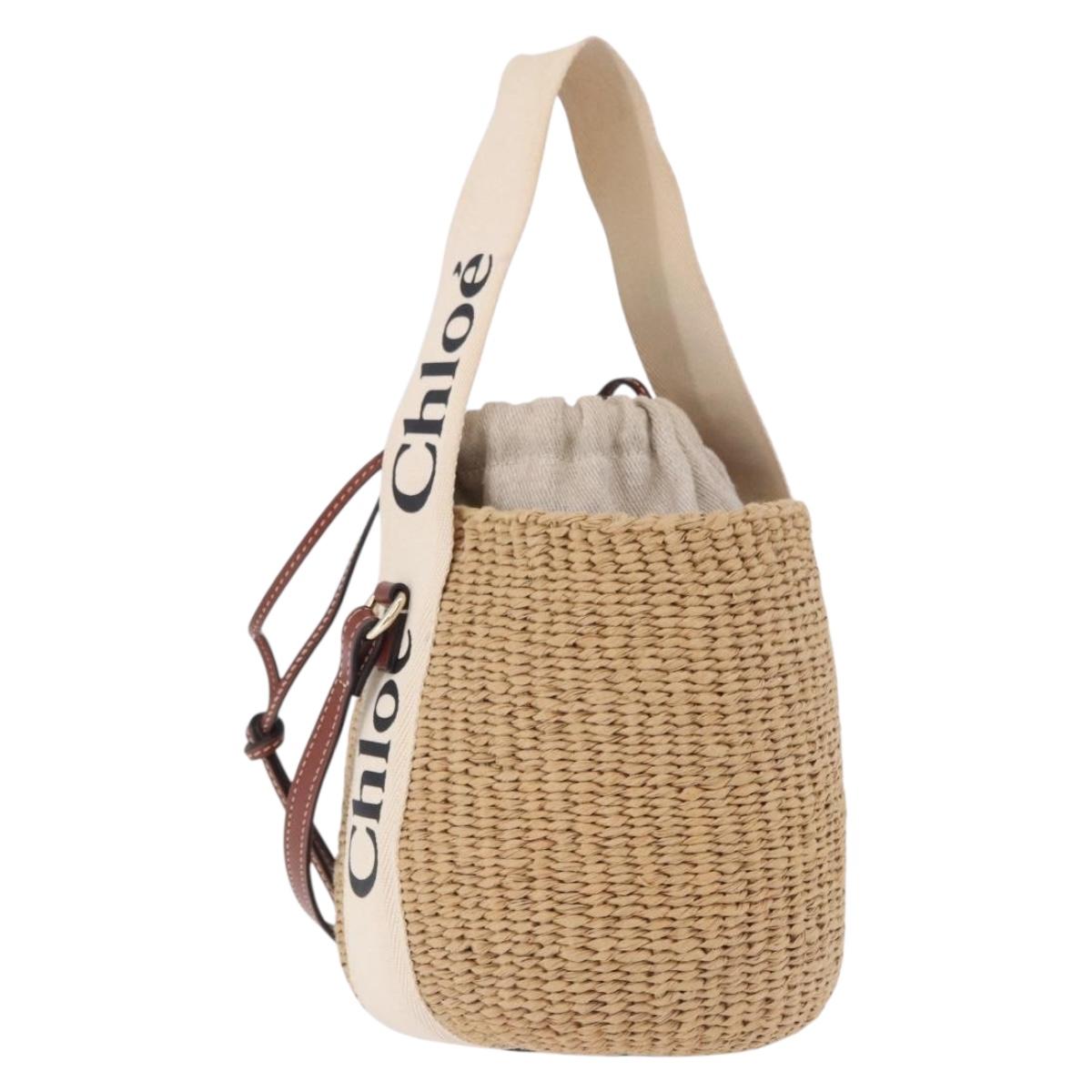 Chloe Woody Small Basket Shoulder Bag Raffia Beige Auth am12028V