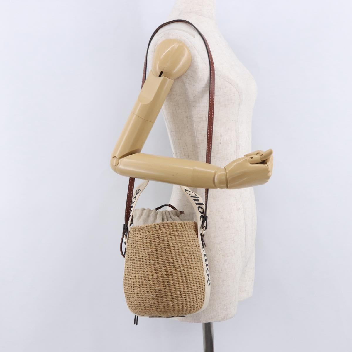 Chloe Woody Small Basket Shoulder Bag Raffia Beige Auth am12028V
