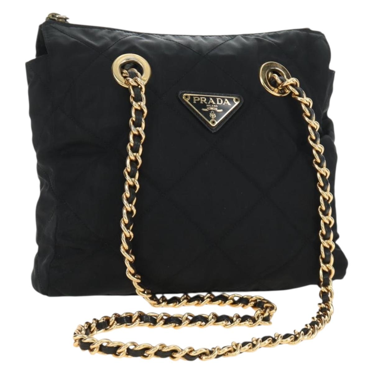 PRADA Chain Tote Bag Nylon Black Gold Auth am12036V