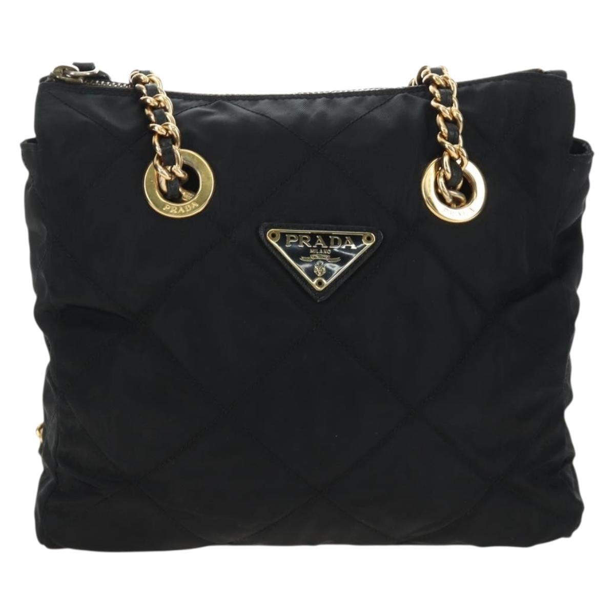 PRADA Chain Tote Bag Nylon Black Gold Auth am12036V