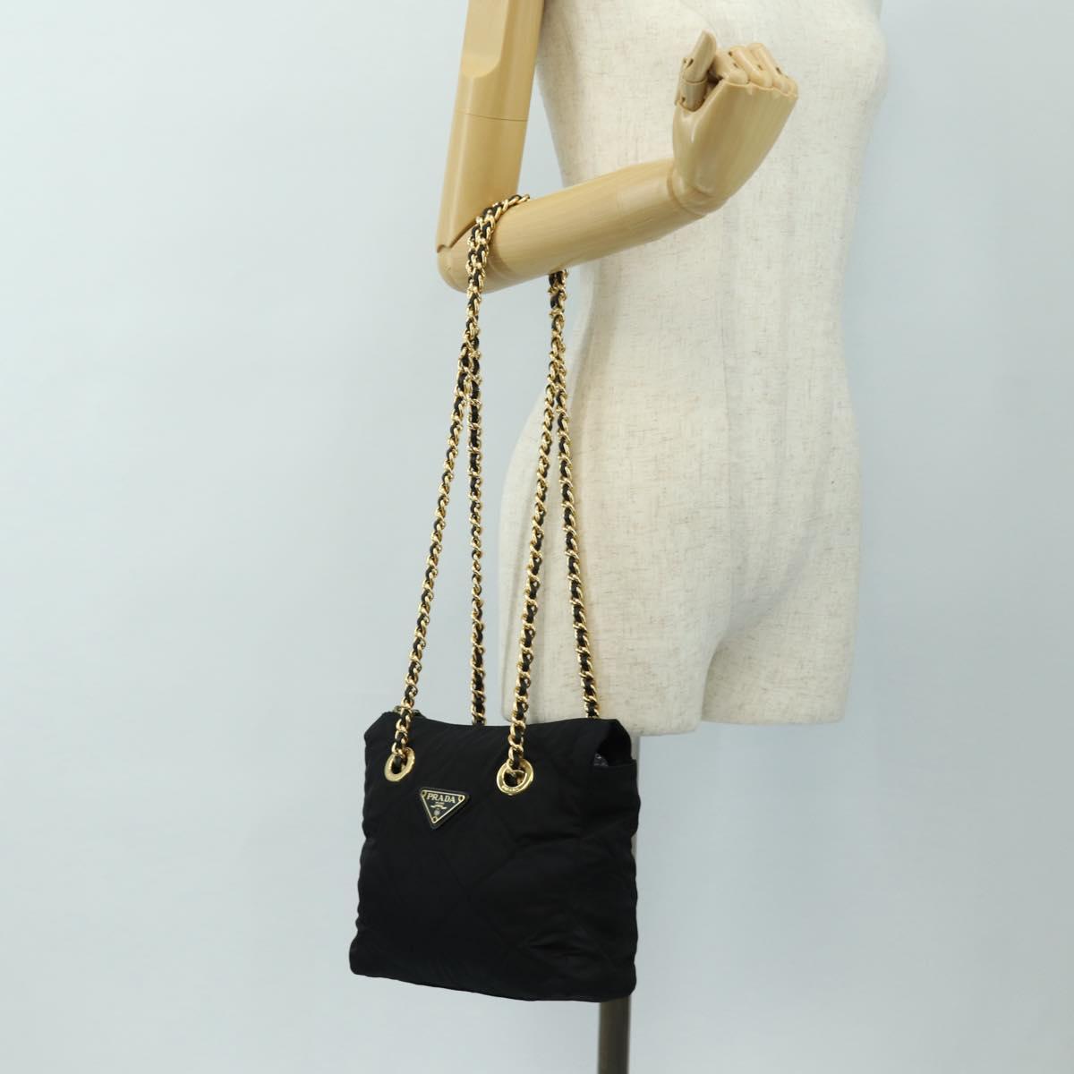 PRADA Chain Tote Bag Nylon Black Gold Auth am12036V