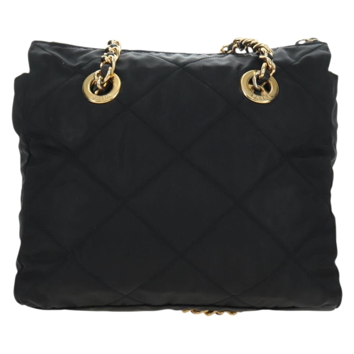 PRADA Chain Tote Bag Nylon Black Gold Auth am12036V