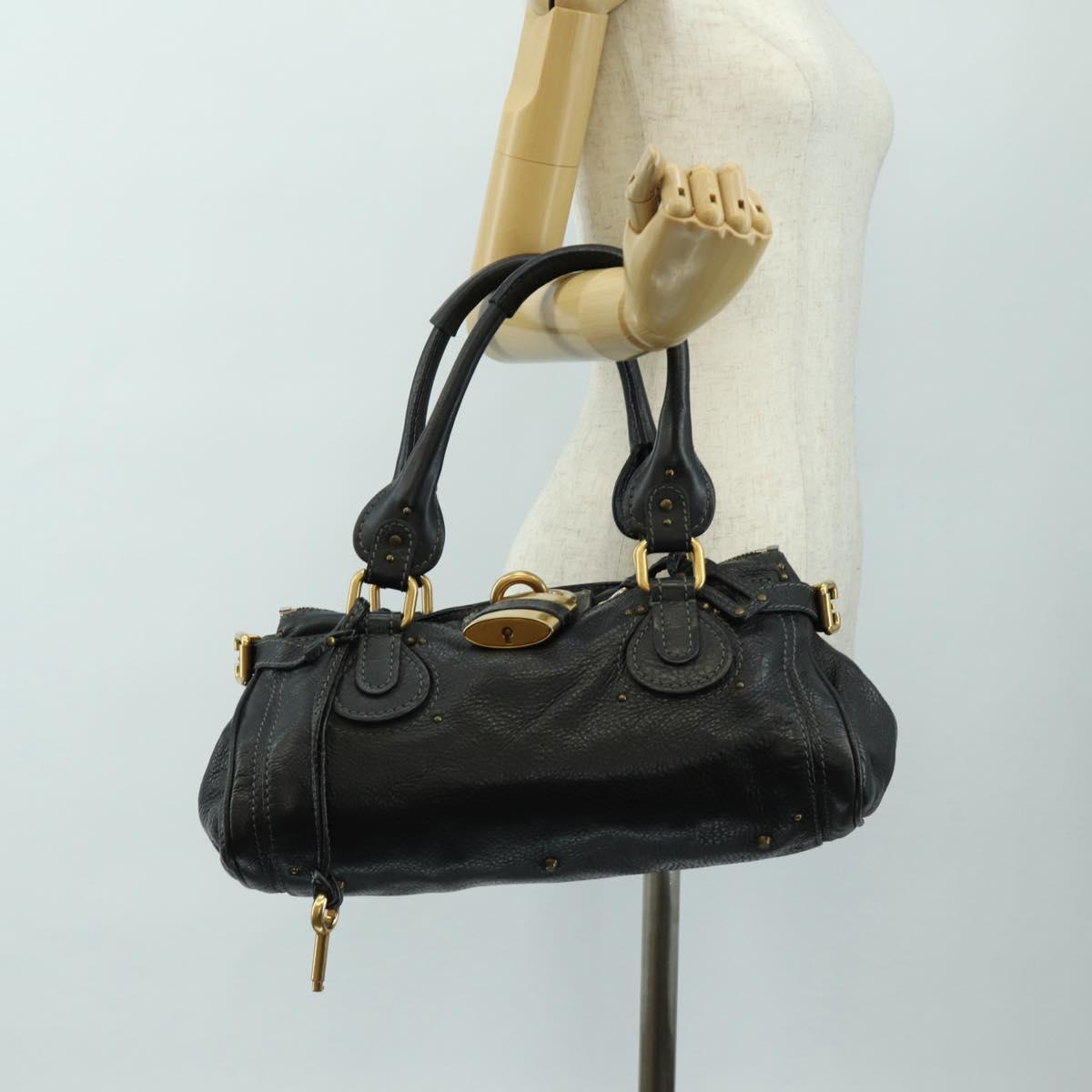 Chloe Paddington Hand Bag Leather Black Gold Silver Auth am12037V