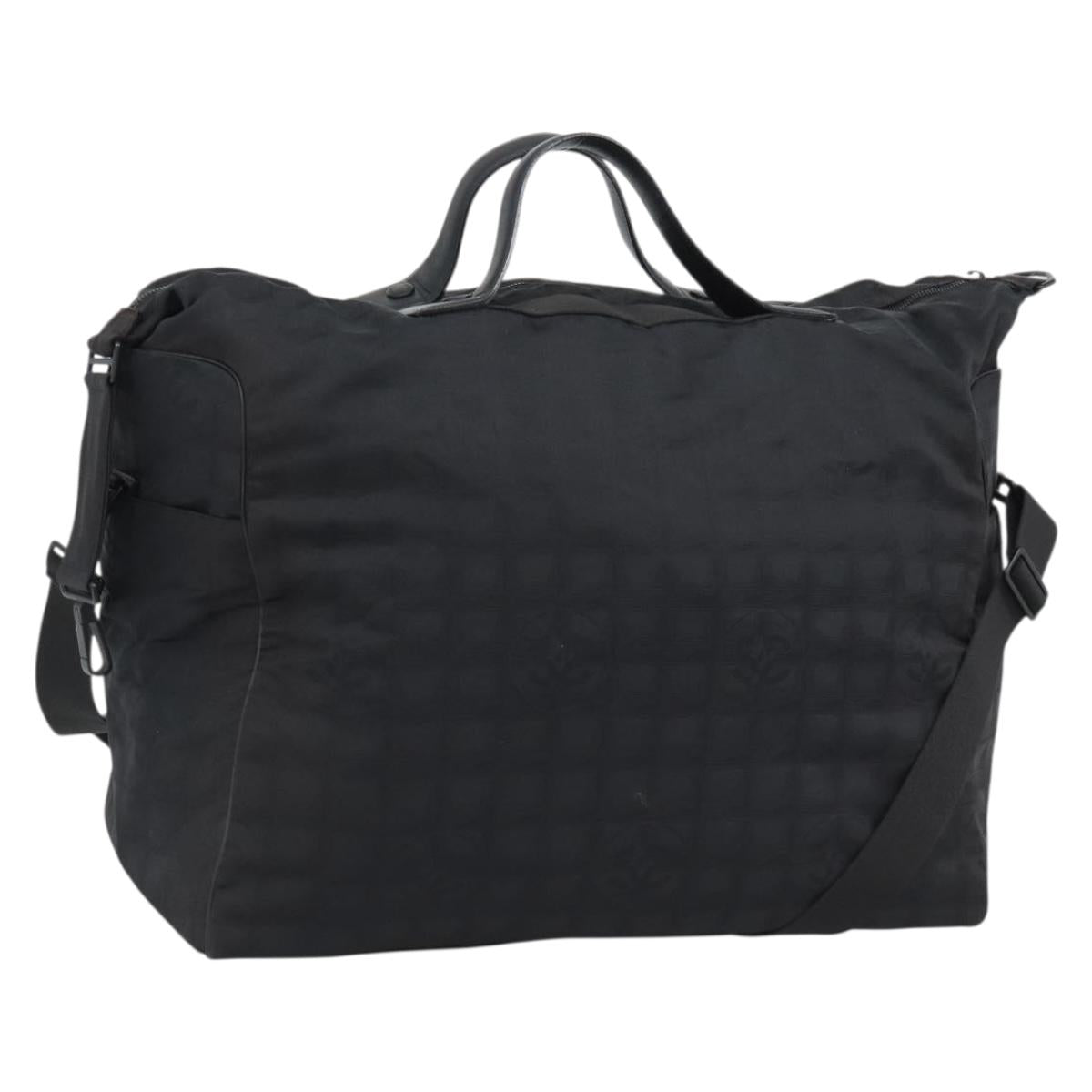 CHANEL New Travel Line Boston Bag Canvas 2way Black Silver CC Auth am12048