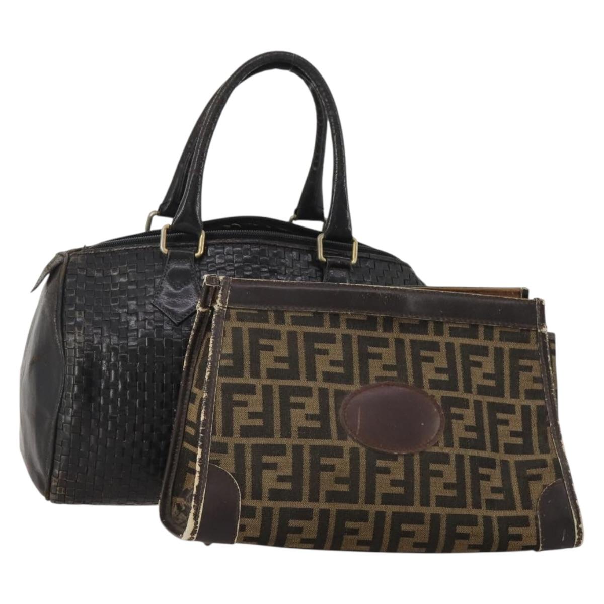 FENDI Zucca Canvas Hand Bag Leather 2 Set Brown Black Auth am12050