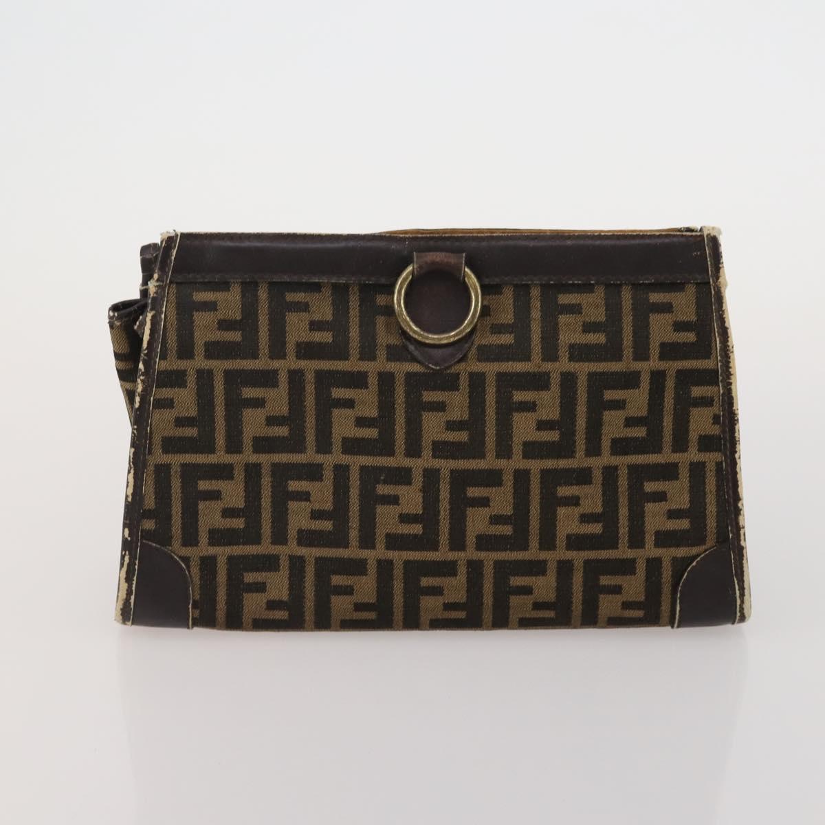 FENDI Zucca Canvas Hand Bag Leather 2 Set Brown Black Auth am12050
