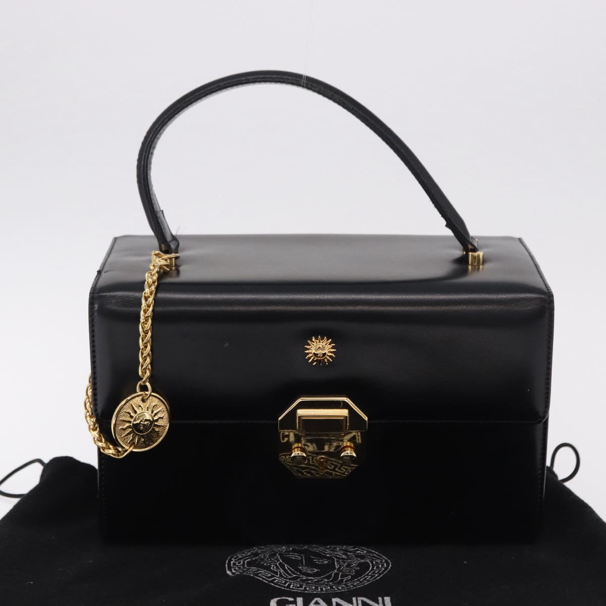 Gianni Versace Sunburst Vanity Hand Bag Leather Black Gold Auth am12056V