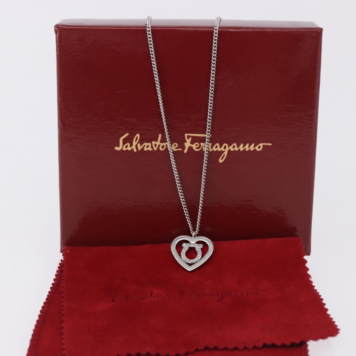 Salvatore Ferragamo Gancini Rhinestone Heart Necklace metal Silver Auth am12057V