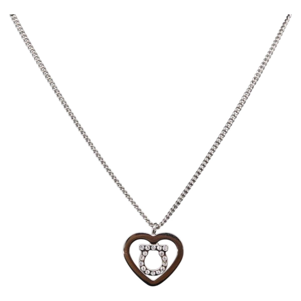 Salvatore Ferragamo Gancini Rhinestone Heart Necklace metal Silver Auth am12057V