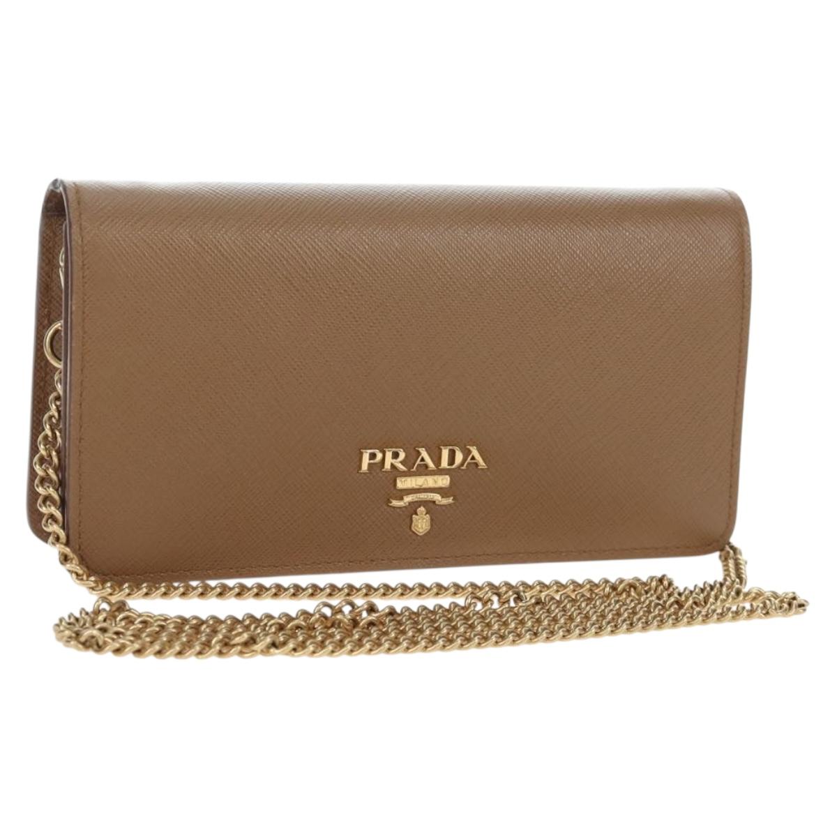 PRADA Chain Shoulder Bag Saffiano Brown Gold Auth am12070V