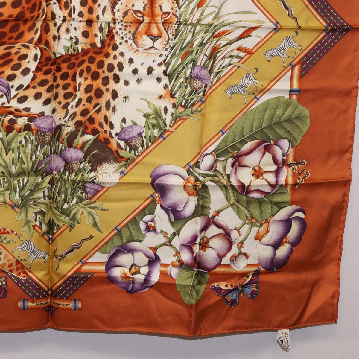 Salvatore Ferragamo Leopard Panda Animal Pattern Scarf Silk Brown Auth am12073V