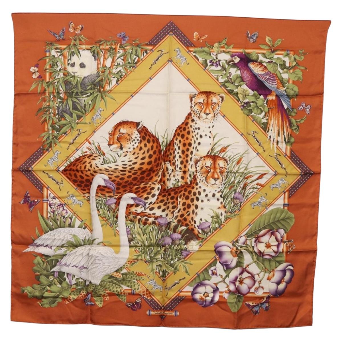 Salvatore Ferragamo Leopard Panda Animal Pattern Scarf Silk Brown Auth am12073V