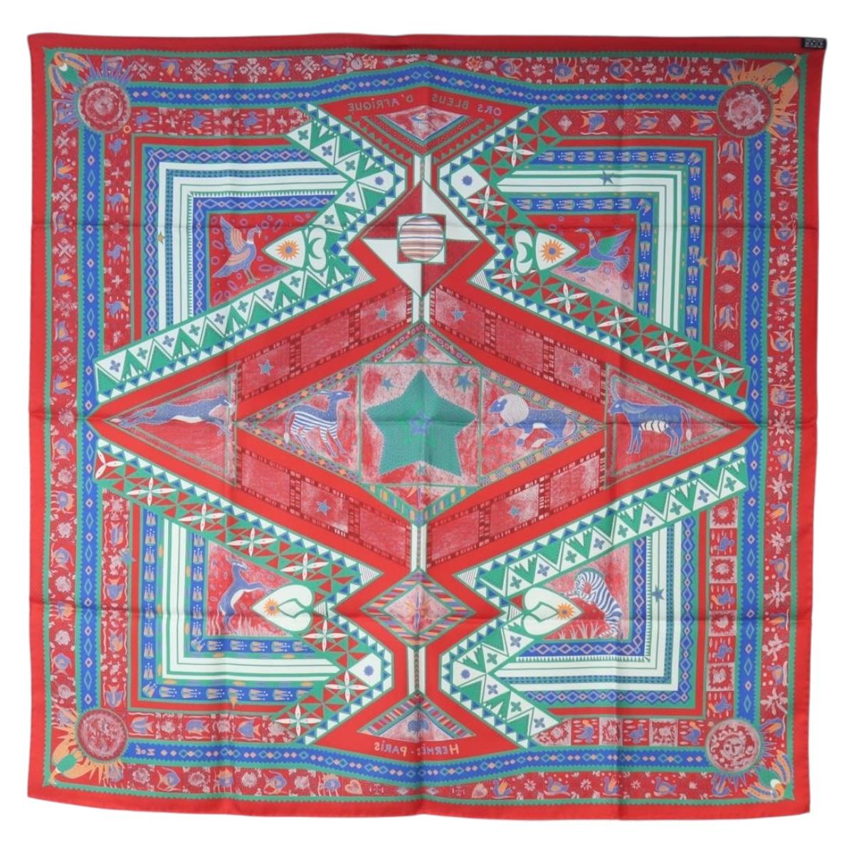 HERMES Carre 90 Scarf ”ORS BLEUS D'AFRIQUE” Silk Red Auth am12076M