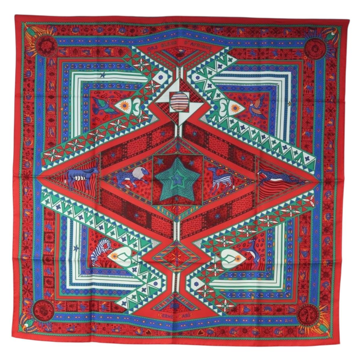 HERMES Carre 90 Scarf ”ORS BLEUS D'AFRIQUE” Silk Red Auth am12076M