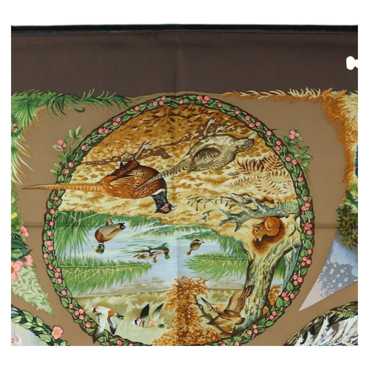 HERMES Carre 90 Scarf ”Les Quatre Saisons” Silk Brown Auth am12077M