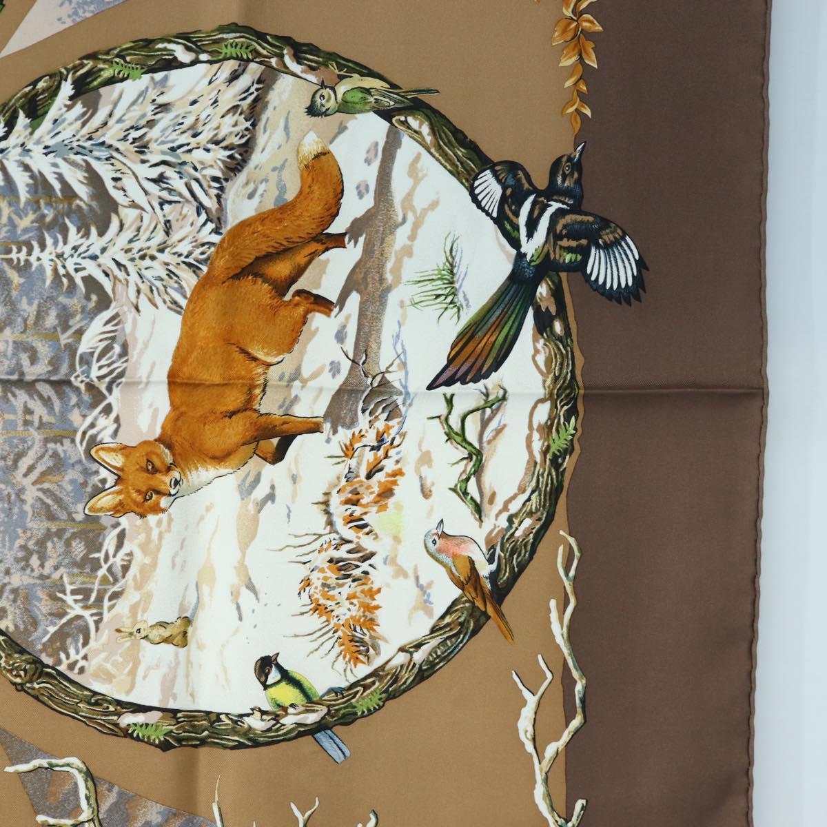 HERMES Carre 90 Scarf ”Les Quatre Saisons” Silk Brown Auth am12077M